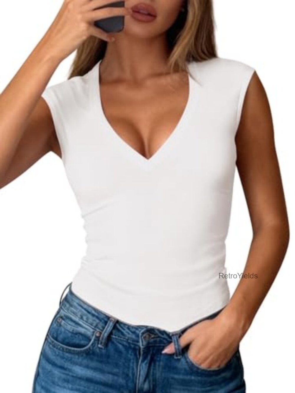Sleeveless V Neck Ribbed Knit Crop Tank Top Slim Fit Y2k Summer Going Out